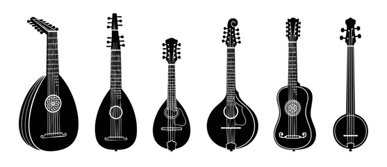Fototapeta premium Vintage Stringed Instruments Silhouette Collection, Lute Mandolin and Ukulele Icons, Set of Classic Musical Acoustic Equipment for Orchestra or Folk Music Design Elements Isolated on White Background