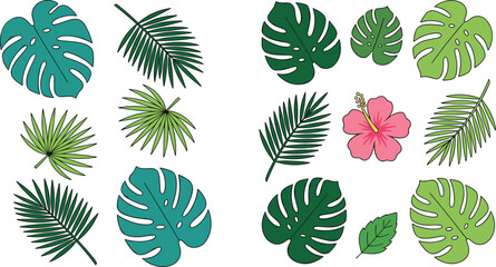 Tropical leaves and hibiscus flower vector set featuring monstera palm fronds and exotic jungle foliage for summer vacation beach party and botanical garden design concepts. © Halima