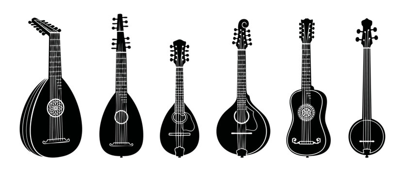 Vintage Stringed Instruments Silhouette Collection, Lute Mandolin and Ukulele Icons, Set of Classic Musical Acoustic Equipment for Orchestra or Folk Music Design Elements Isolated on White Background
