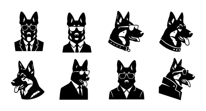 German Shepherd Icons Set, Business Dog Vector Graphics, Cool Canine Characters in Suits and Sunglasses, Animal Emblems for Branding
