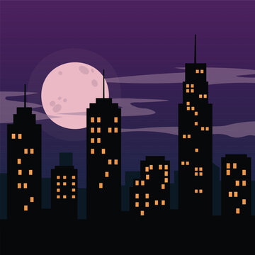 Night city skyline vector with glowing windows, full moon, and urban building silhouettes in flat style, ideal for wallpapers, posters, travel graphics, and city themed designs.