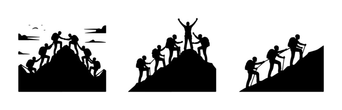 Mountain Climbing Silhouettes, Teamwork Ascent, Summit Success, Adventure Journey, Vector Icons