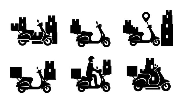 Delivery Scooter Icons Set, Motorcycle Courier Service, Package Transport, Urban Logistics, E-commerce Shipping, Vector Graphics