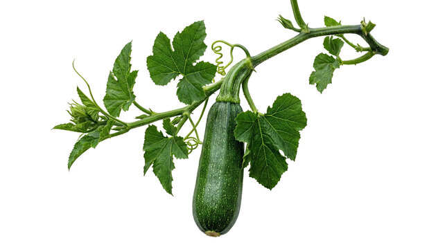 Fresh green zucchini growing on vine, organic marrow squash with leaves and tendrils, raw summer squash vegetable in garden isolated PNG with Transparent Background