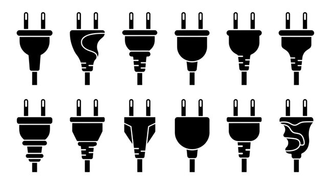 Set of electrical power plug icons in black and white.