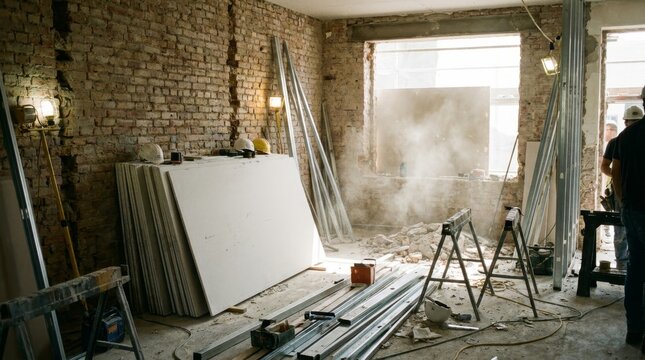 Interior renovation with drywall and metal studs in a brick room
