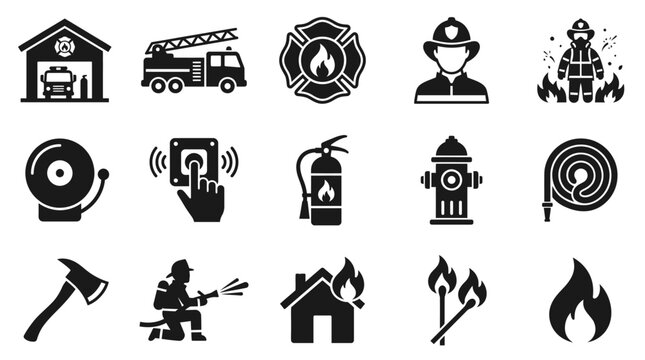 Set of fire department and firefighting equipment icons.