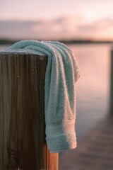 Fototapeta premium Wet towel hanging on wooden pier post at sunset. Soft textile accessory after swimming in ocean. Summer vacation lifestyle concept with coastal scenery and calm mood at dusk.