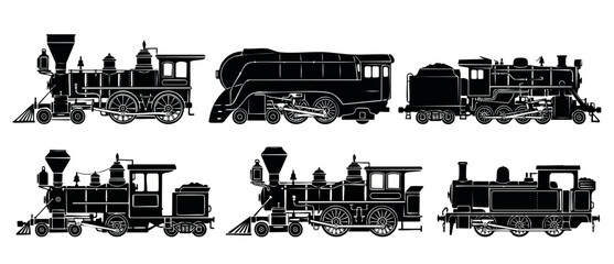 Vintage Steam Locomotive Train Silhouettes Set, Old Classic Railway Engines Icons, Black Vector Collection of Retro Train Transportation Symbols Isolated on White Background for Design and Graphic Pro © Dinali
