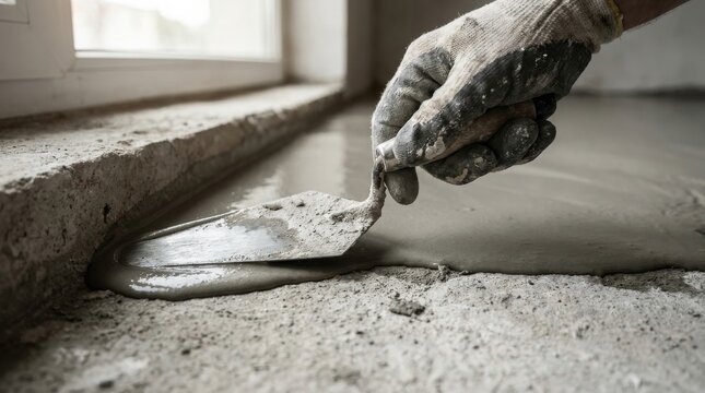 Construction worker smoothing wet concrete with trowel near window