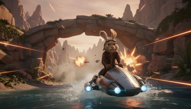 Cinematic 3D rabbit races through dramatic landscape in heart pounding action scene