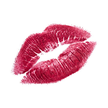 Close up of red lipstick mark on surface isolated on transparent background