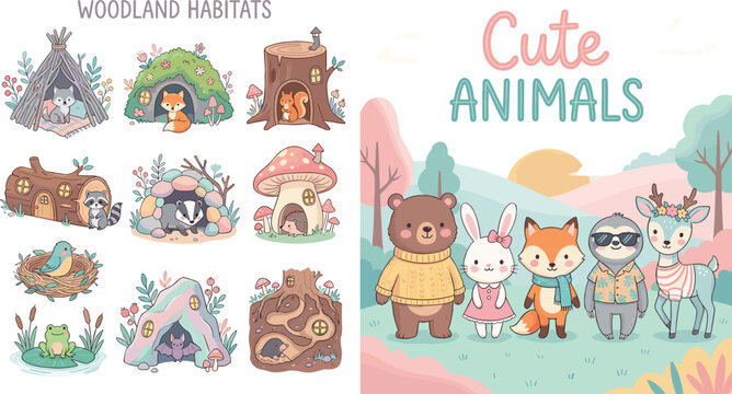 Woodland habitat vector set featuring cute forest animals in cozy homes like mushroom houses hollow logs and dens for children's nursery wall art and educational projects.