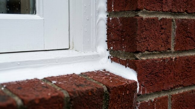 Close-up of brick wall and white window frame with condensation