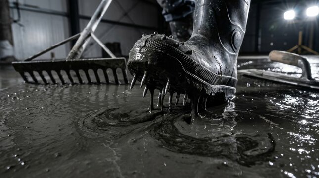 Construction workers boot stepping into wet concrete with tools nearby