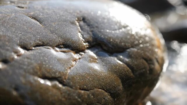 Extreme macro of wet dark river stone with shimmering water ripples and specular highlights