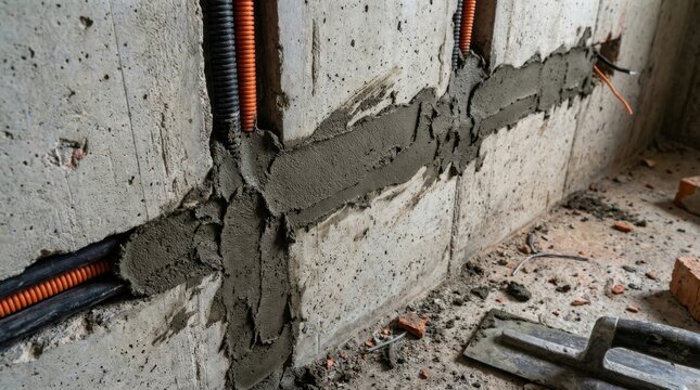 Concrete wall with electrical conduits and fresh mortar repair