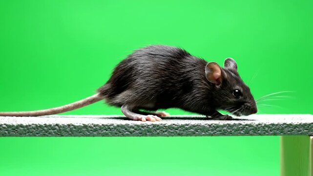 Close-Up Motion Footage of a Small Black Mouse Walking on a Narrow Ledge Against a Green Chroma Key Background