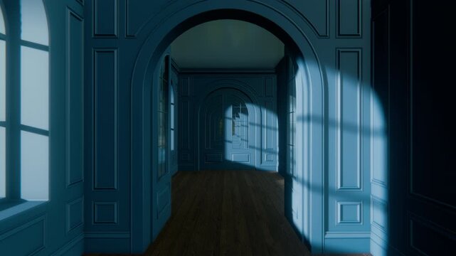 Dark Corridor Doors Opening Camera Walk Seamless Loop Horizontal Animation 3D Render