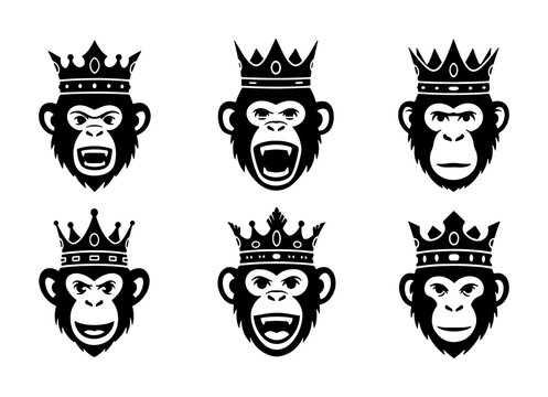 Monkey King Icons Set, Primate Royalty Vector Graphics, Tribal Ape Crown Emblems, Black and White Animal King Faces Collection