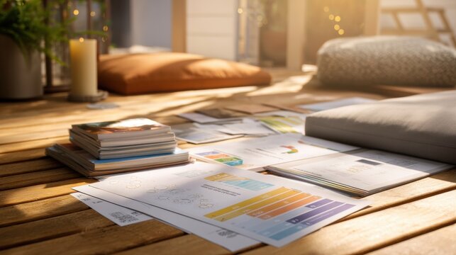 Business documents and charts scattered on wooden floor in cozy home office. Financial planning and data analysis concept. Remote work environment with comfortable seating and warm light.