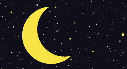 Fototapeta premium Bright yellow crescent moon against a dark blue night sky filled with many glowing yellow and white stars of different sizes.