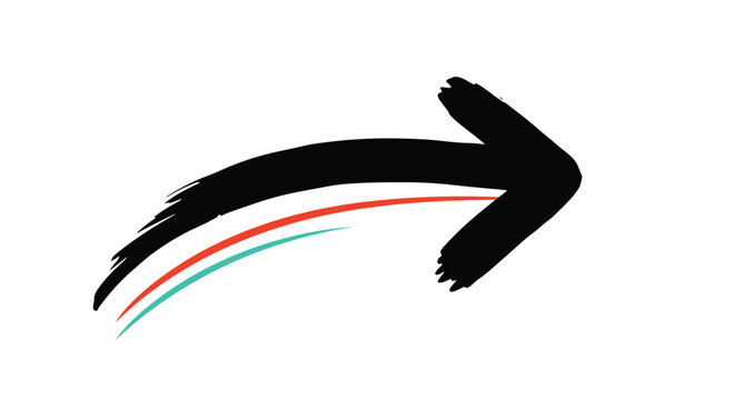Large black hand drawn brush stroke arrow curving towards the right with thin red and teal accent lines underneath.