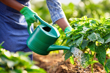 Fototapeta premium A female farmer in a blue apron waters pepper seedlings in a sunny field. She pours water from a green watering can, nurturing the growing plants