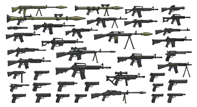 Detailed set of various firearms including handguns rifles shotguns and rocket launchers for military and tactical purposes.