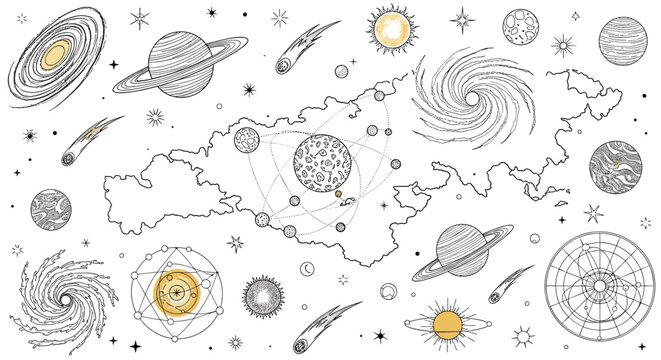 Comprehensive collection of hand drawn space elements including planets galaxies stars comets and various constellations.