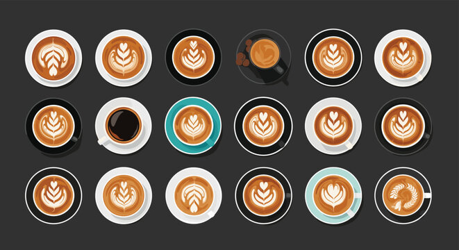 Top view of various coffee cups with beautiful latte art designs including hearts leaves and traditional rosetta shapes.