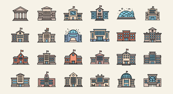Large set of colorful architectural icons representing government buildings, schools, libraries, and universities for map markers or city planning.