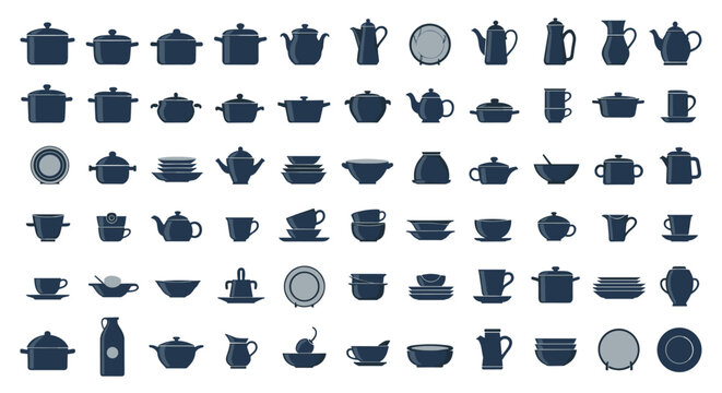 Extensive collection of kitchenware and tableware silhouettes including pots, pans, teapots, cups, and plates for kitchen design and restaurant icons.