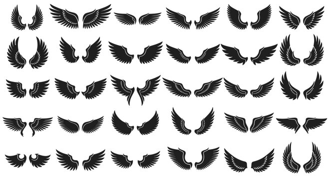 Comprehensive set of black wing pairs in various styles from feathered to bat-like for fantasy character design, mascots, logos, or tattoo art.