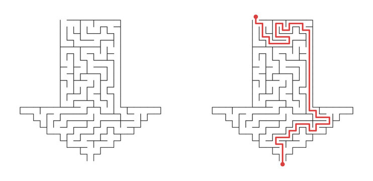 Arrow down shaped maze labyrinth puzzle with highlighted solution path, easy brain teaser for children isolated on transparent background. Educational logic game and problem solving activity. PNG
