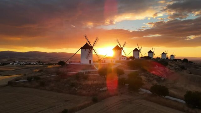 Scenic aerial view of Don Quixote's windmills at sunset in the La Mancha region, Spain