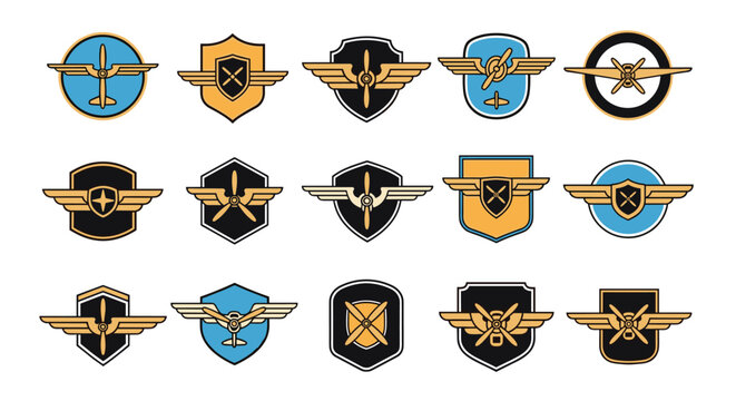Collection of stylized aviation badges featuring wings, propellers, and shields in various colors and geometric shapes.