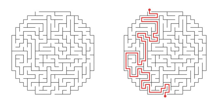 Circular maze labyrinth puzzle with highlighted solution path. Hard difficulty brain teaser isolated on transparent background. Complex logic challenge and problem solving game for education. PNG