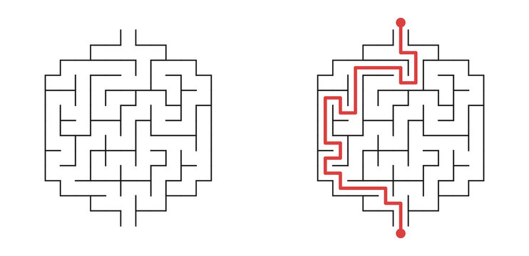 Hexagon maze labyrinth puzzle with highlighted solution path, simple difficulty brain teaser for children isolated on transparent background. Educational logic game and problem solving activity. PNG