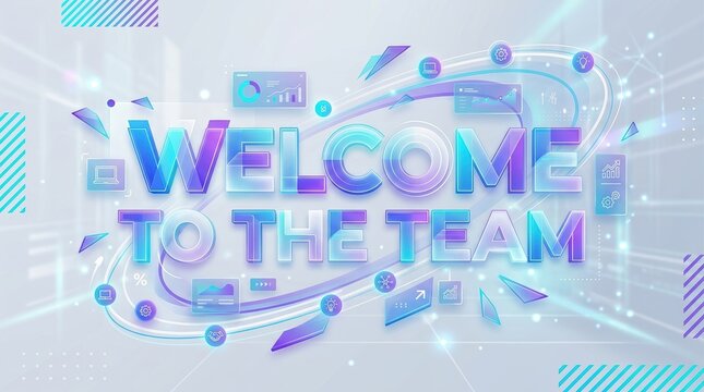 A modern creative HR onboarding visual with &ldquo;Welcome to the Team&rdquo; in expressive modular typography, letters built from layered translucent shapes, frosted glass effect combined with crisp vector edges