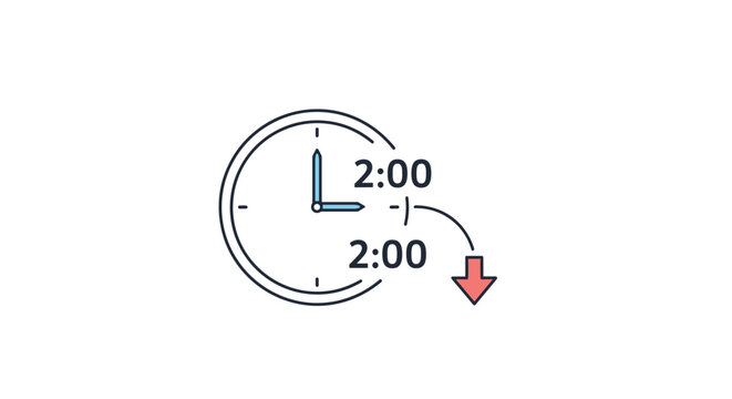 Minimalist clock icon illustrating the concept of daylight saving time change with an arrow pointing to the 2:00 mark.