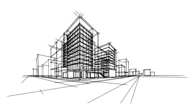 Futuristic office building architecture drawing sketch vector design