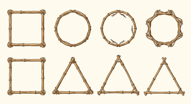 Selection of decorative frames made from tied bamboo stalks and tree branches in various shapes like circle and triangle.