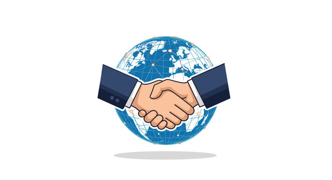 Illustration of two hands in business suits shaking hands in front of a blue network-themed globe on white background.