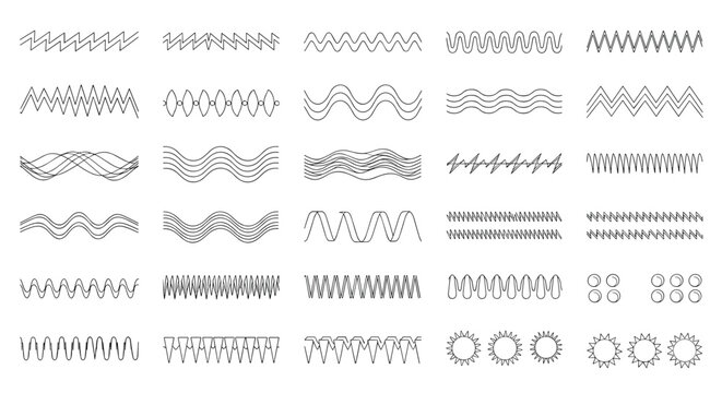 Large set of black line patterns featuring various zigzag, wavy, dashed, and curly horizontal strokes on white background.
