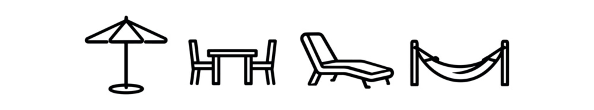 Outdoor furniture and relaxation icon set. parasol, table and chairs, chaise lounge, hammock. line vector illustration.