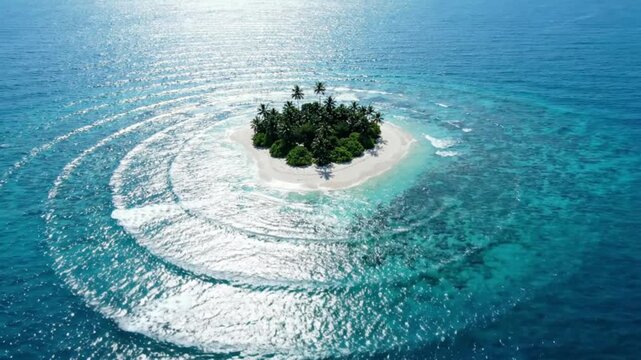 Isolated Tropical Island Paradise Surrounded by Swirls of Turquoise Ocean Water