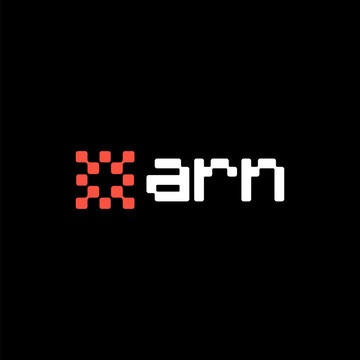Arn logo design displays a creative red pixelated icon positioned next to modern lowercase typography on a dark background.