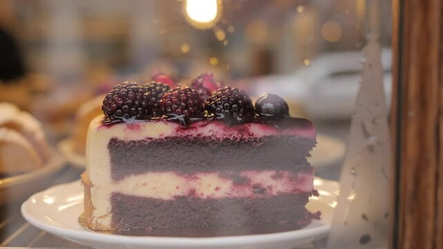 Delicious slice of dark chocolate blackberry cake displayed behind glass in a bakery showcase
