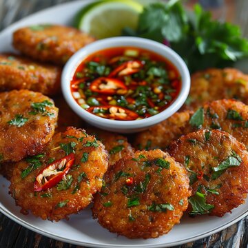 Thai fish cake spicy dipping sauce crispy texture authentic Thai street food close up shot vibrant colors high detail food styling